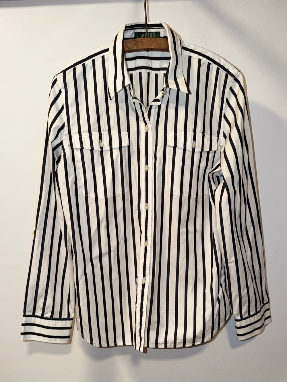 Lauren Ralph Lauren White and Black Vertical Stripe Button-Down Shirt